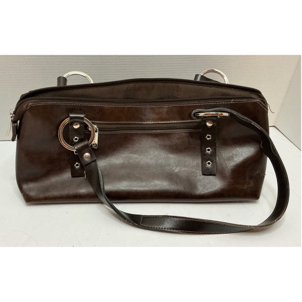 Rina Rich Vintage Y2K Brown Shoulder Bag Silver Ring Grommet Detail Medium Retro